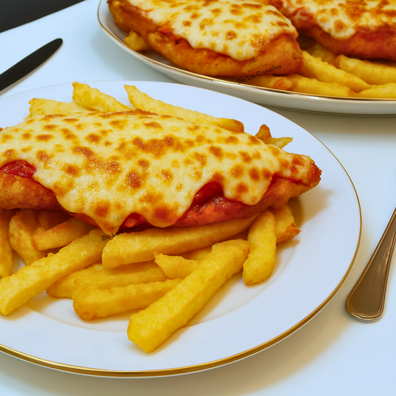 Milanesa de pollo a la napolitana en un plato sobre cama de papas fritas