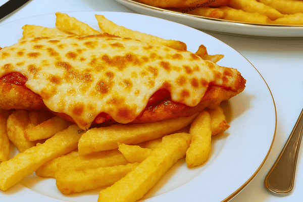 Milanesa de pollo a la napolitana en un plato sobre cama de papas fritas