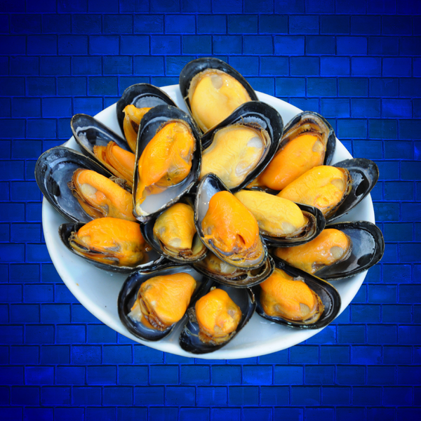 Choritos media concha  en un plato sobre fondo azul