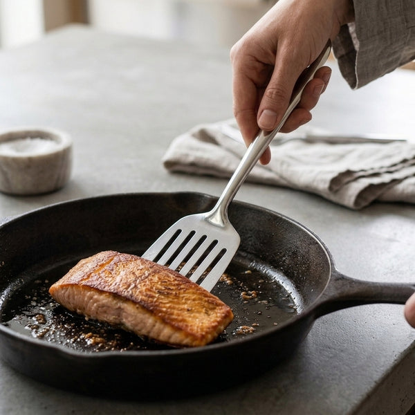 Cocinando salmon con espatula de acero inoxidable