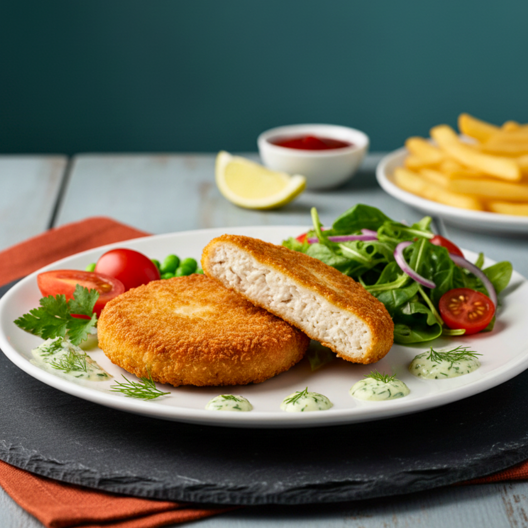 Croquetas de merluza apanada listas sobre un plato con ensalada