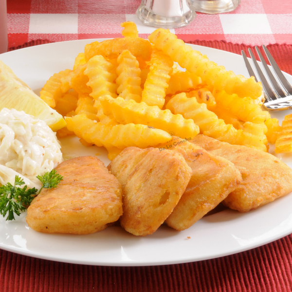 Barra de merluza austral frita rebosada acompañada de papas fritas