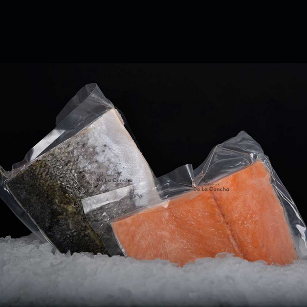 Dos trozos de salmón porcionado con piel al vacío sobre una cama de hielo