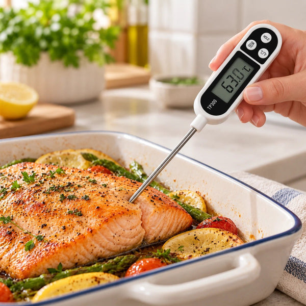 Termómetro digital midiendo un filete de salmón